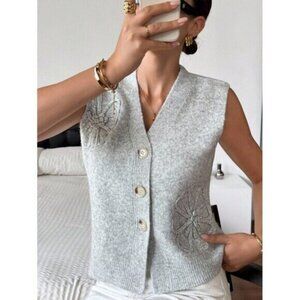 Women's Single Breasted V-Neck Leopard Print Knit Vest, Autumn/Winter